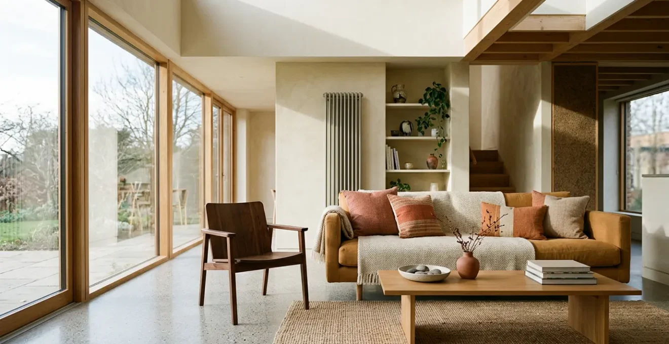 Interior de hogar moderno con luz natural y elementos de diseño sostenible que optimizan la eficiencia energética