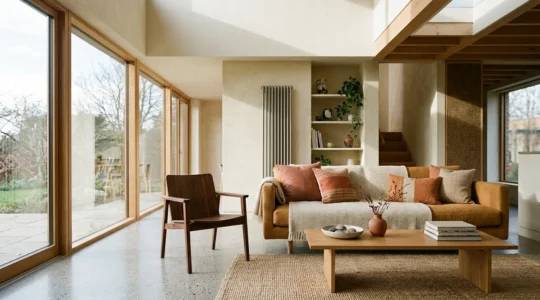 Interior de hogar moderno con luz natural y elementos de diseño sostenible que optimizan la eficiencia energética