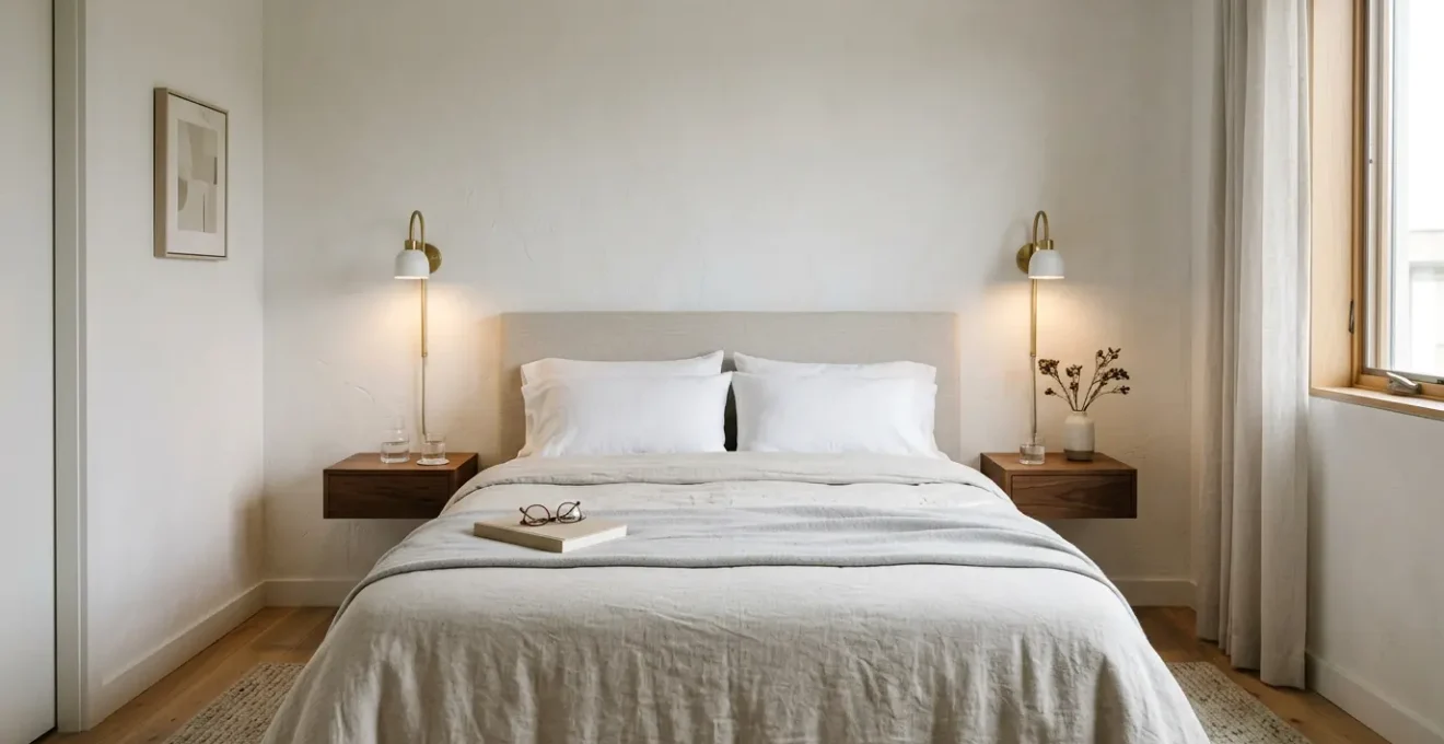 Dormitorio pequeño contemporáneo con apliques de pared liberando espacio en mesilla de noche