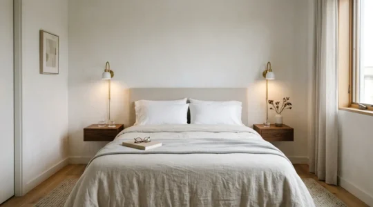 Dormitorio pequeño contemporáneo con apliques de pared liberando espacio en mesilla de noche