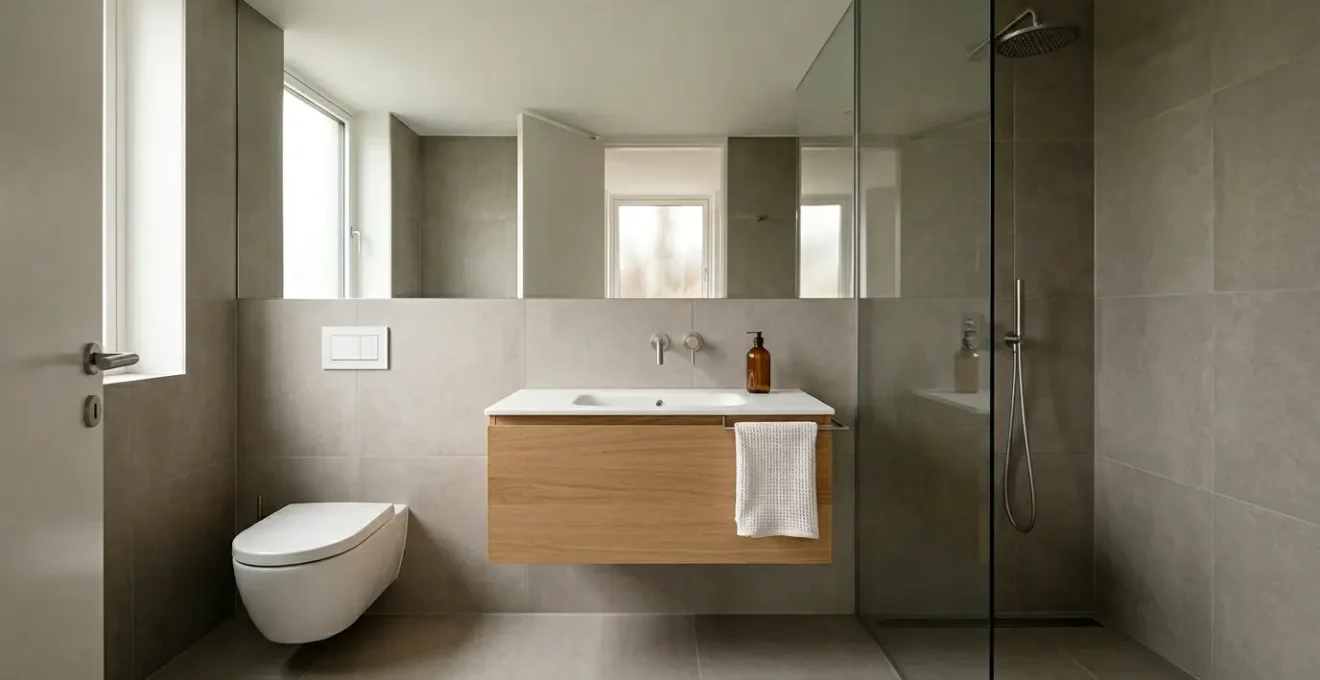 Baño compacto de 3 metros cuadrados con espejo de pared a pared y baldosas gran formato que crea sensación de amplitud sin derribar paredes