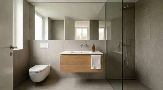 Baño compacto de 3 metros cuadrados con espejo de pared a pared y baldosas gran formato que crea sensación de amplitud sin derribar paredes