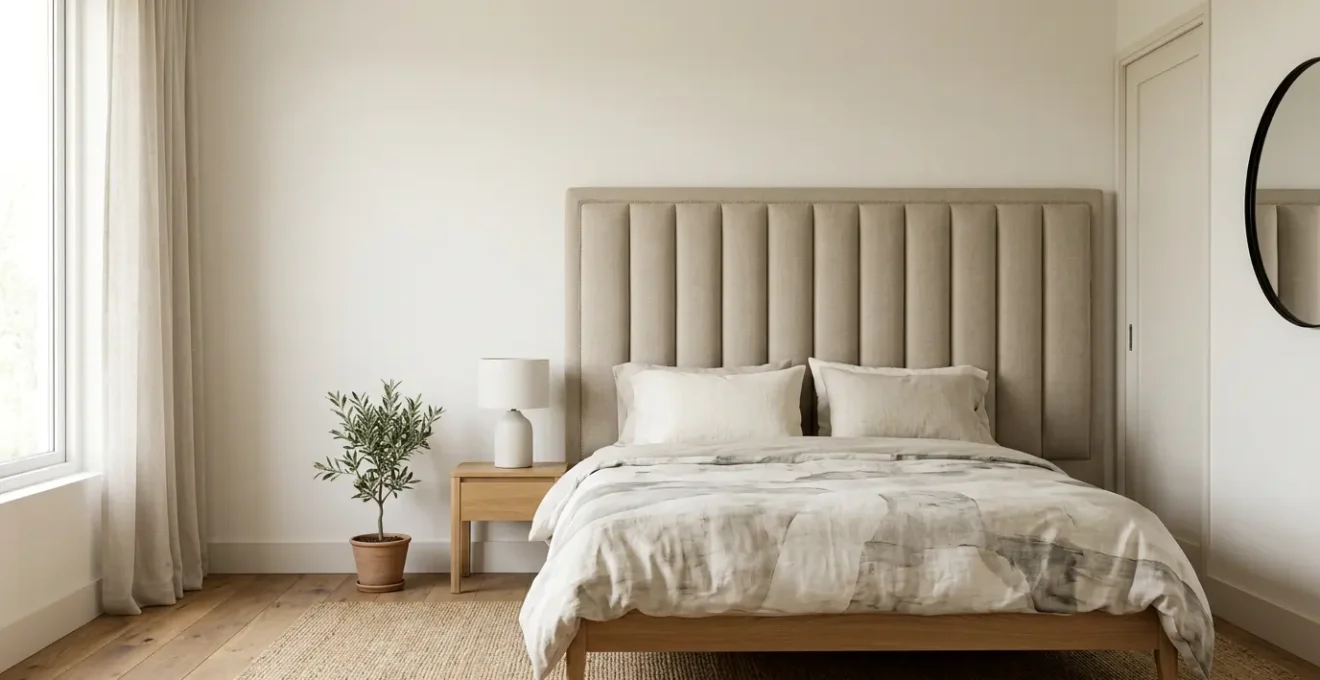 Cabecero acolchado de alta densidad con superficie texturizada en dormitorio moderno, diseñado para soporte ergonómico durante la lectura