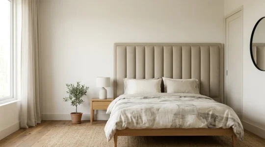 Cabecero acolchado de alta densidad con superficie texturizada en dormitorio moderno, diseñado para soporte ergonómico durante la lectura