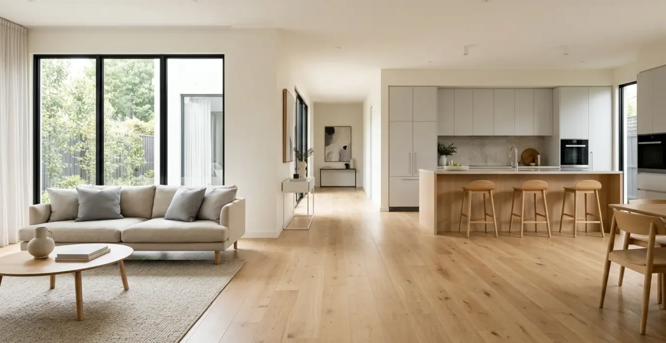 Espacio residencial moderno que muestra continuidad visual a través de un suelo uniforme conectando múltiples ambientes con paleta de colores neutros