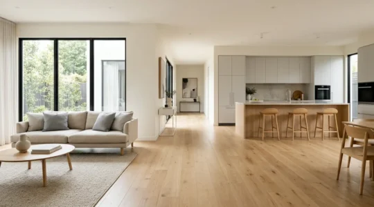 Espacio residencial moderno que muestra continuidad visual a través de un suelo uniforme conectando múltiples ambientes con paleta de colores neutros