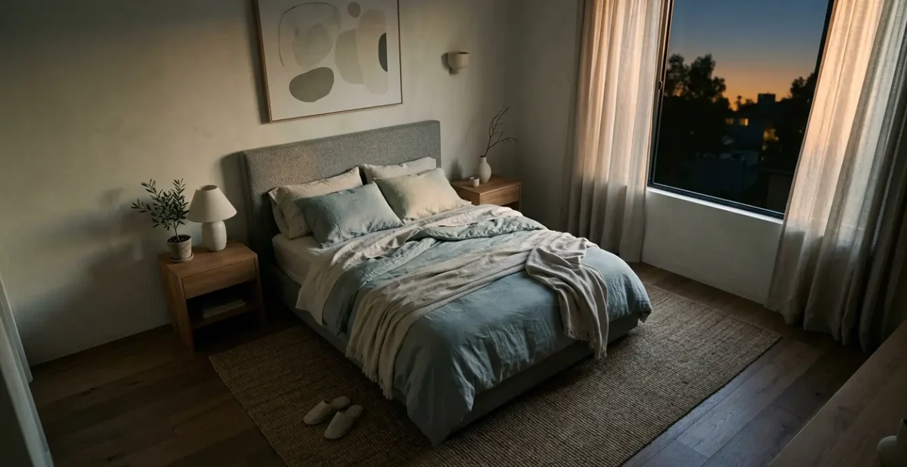 Dormitorio minimalista oscurecido con luz natural suave filtrándose por cortinas, evocando paz y descanso profundo