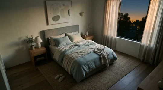 Dormitorio minimalista oscurecido con luz natural suave filtrándose por cortinas, evocando paz y descanso profundo