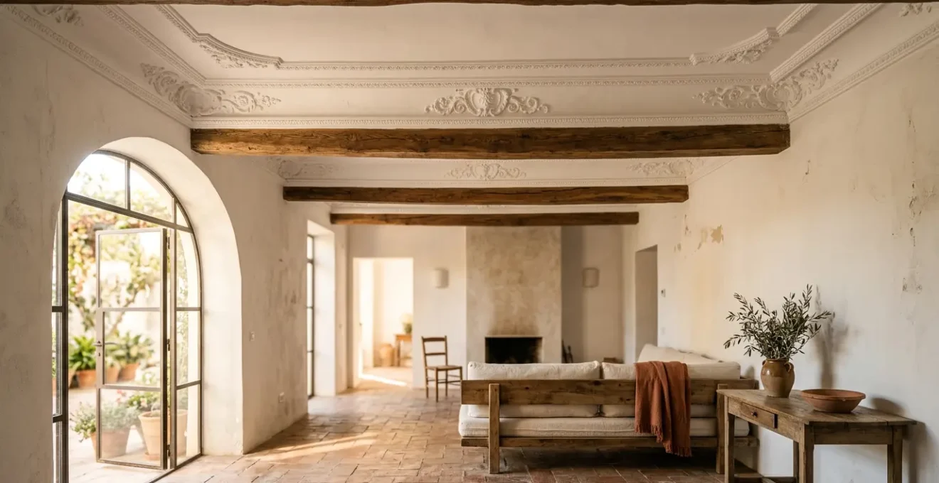 Interior de vivienda española con elementos arquitectónicos originales como molduras y vigas de época que definen su carácter único