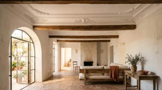 Interior de vivienda española con elementos arquitectónicos originales como molduras y vigas de época que definen su carácter único