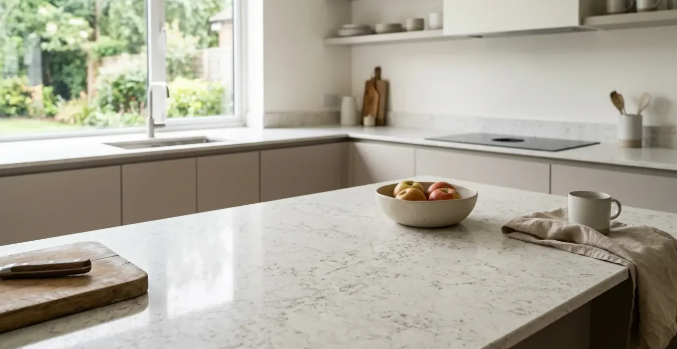 Encimera de cuarzo en cocina moderna mostrando su resistencia y durabilidad