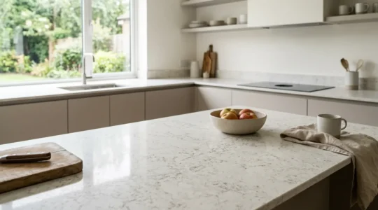 Encimera de cuarzo en cocina moderna mostrando su resistencia y durabilidad