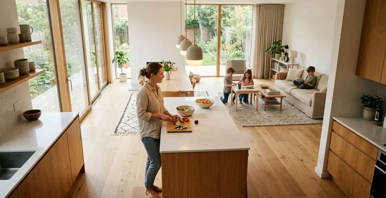 Espacio habitable diáfano que integra cocina y salón con zonas de intimidad definidas mediante iluminación estratégica y elementos arquitectónicos sutiles