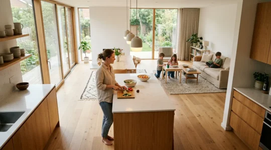 Espacio habitable diáfano que integra cocina y salón con zonas de intimidad definidas mediante iluminación estratégica y elementos arquitectónicos sutiles