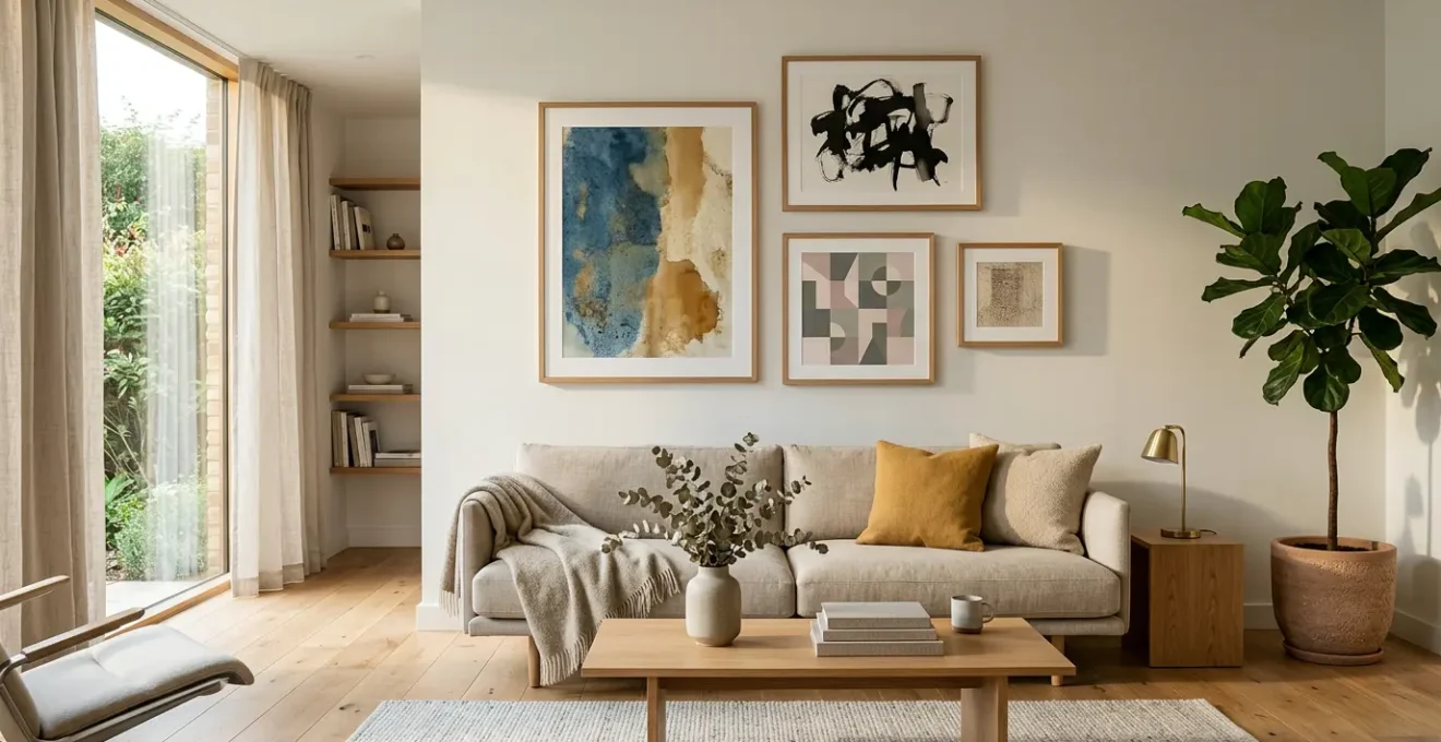 Salón elegante con colección curada de arte en la pared, equilibrio entre piezas únicas y espacio negativo