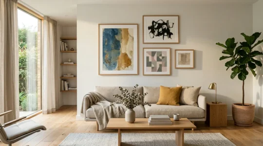 Salón elegante con colección curada de arte en la pared, equilibrio entre piezas únicas y espacio negativo