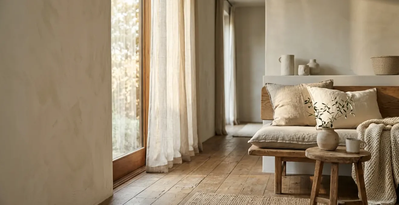 Espacio interior cálido con texturas naturales y luz suave que transmite sensación de hogar emocional