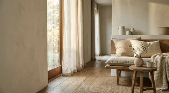 Espacio interior cálido con texturas naturales y luz suave que transmite sensación de hogar emocional