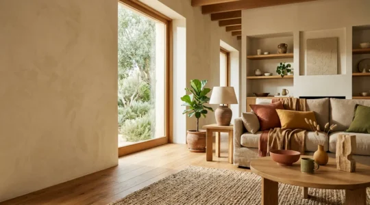 Interior contemporáneo con equilibrio entre diseño editorial y funcionalidad habitable, espacios luminosos con texturas naturales