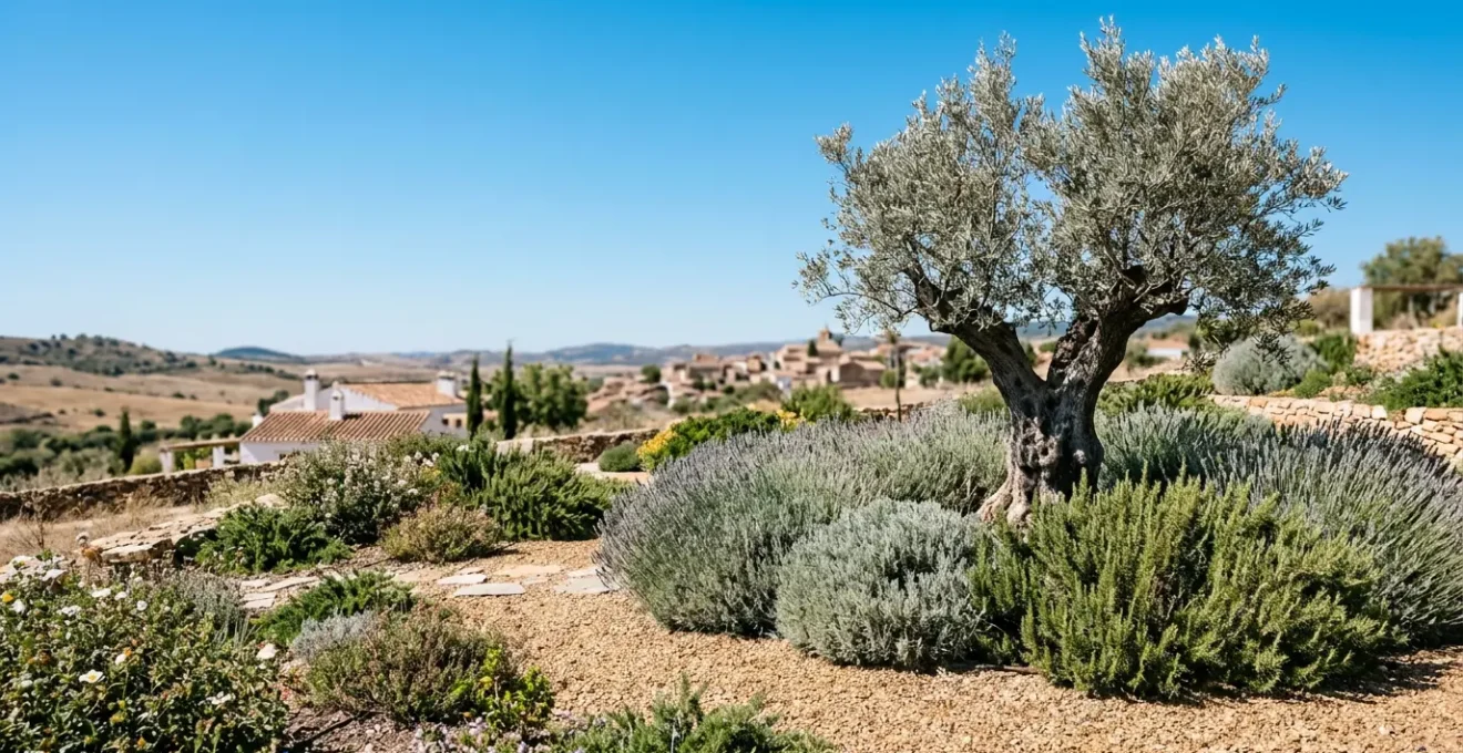 Jardín mediterráneo sostenible con lavandas, romeros y olivos nativos bajo sol intenso