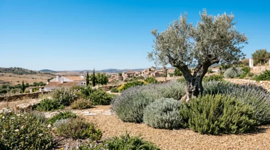 Jardín mediterráneo sostenible con lavandas, romeros y olivos nativos bajo sol intenso