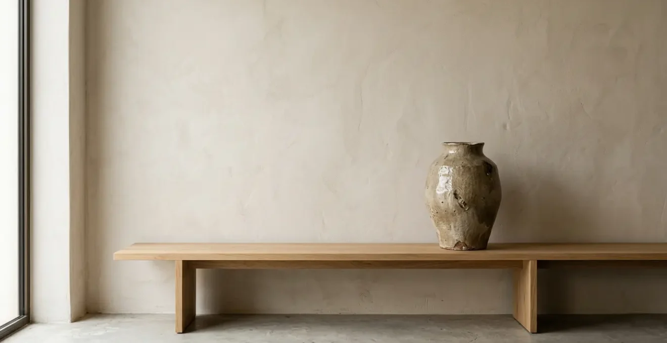 Jarron de ceramica artesanal sobre consola minimalista en estancia con luz natural suave