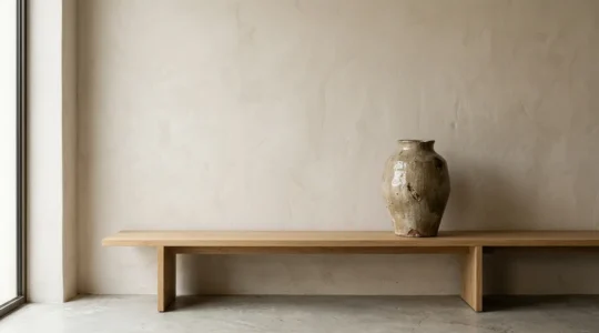 Jarron de ceramica artesanal sobre consola minimalista en estancia con luz natural suave