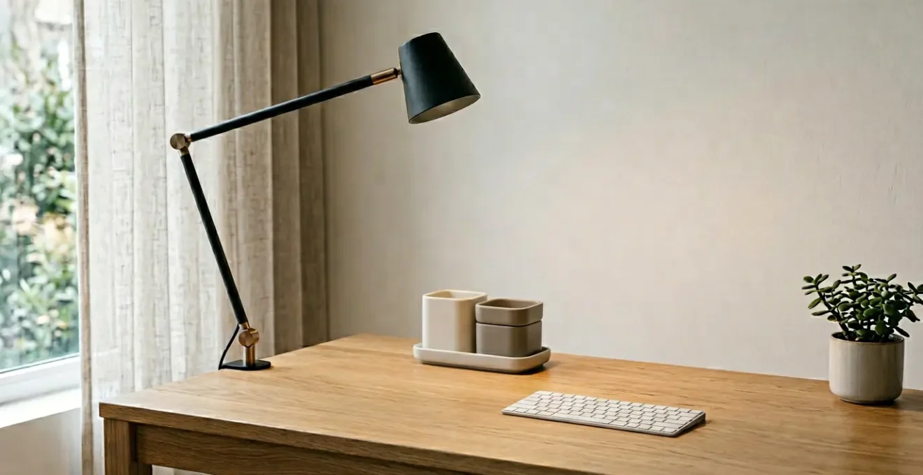Lámpara de mesa articulada moderna iluminando escritorio minimalista sin invadir superficie de trabajo