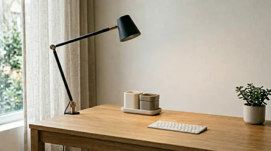 Lámpara de mesa articulada moderna iluminando escritorio minimalista sin invadir superficie de trabajo