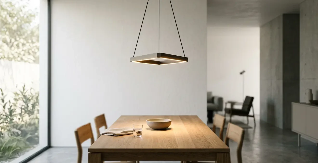 Lámpara LED colgante moderna iluminando mesa con luz cálida y focalizada en ambiente contemporáneo