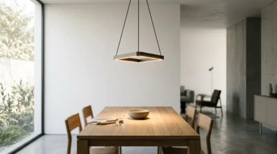 Lámpara LED colgante moderna iluminando mesa con luz cálida y focalizada en ambiente contemporáneo