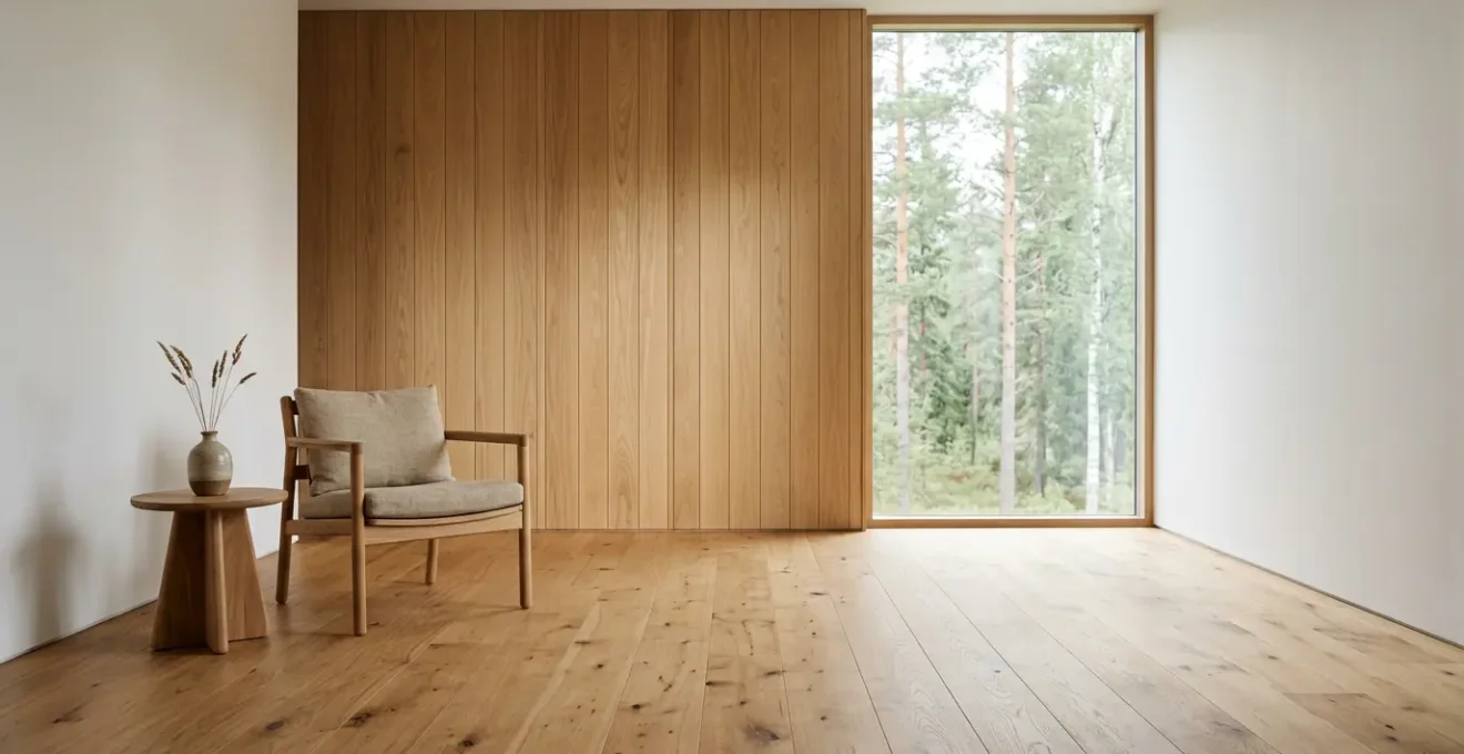 Interior acogedor con elementos de madera natural regulando temperatura y humedad del hogar