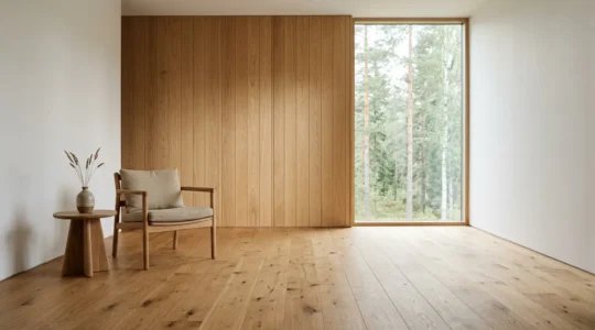 Interior acogedor con elementos de madera natural regulando temperatura y humedad del hogar