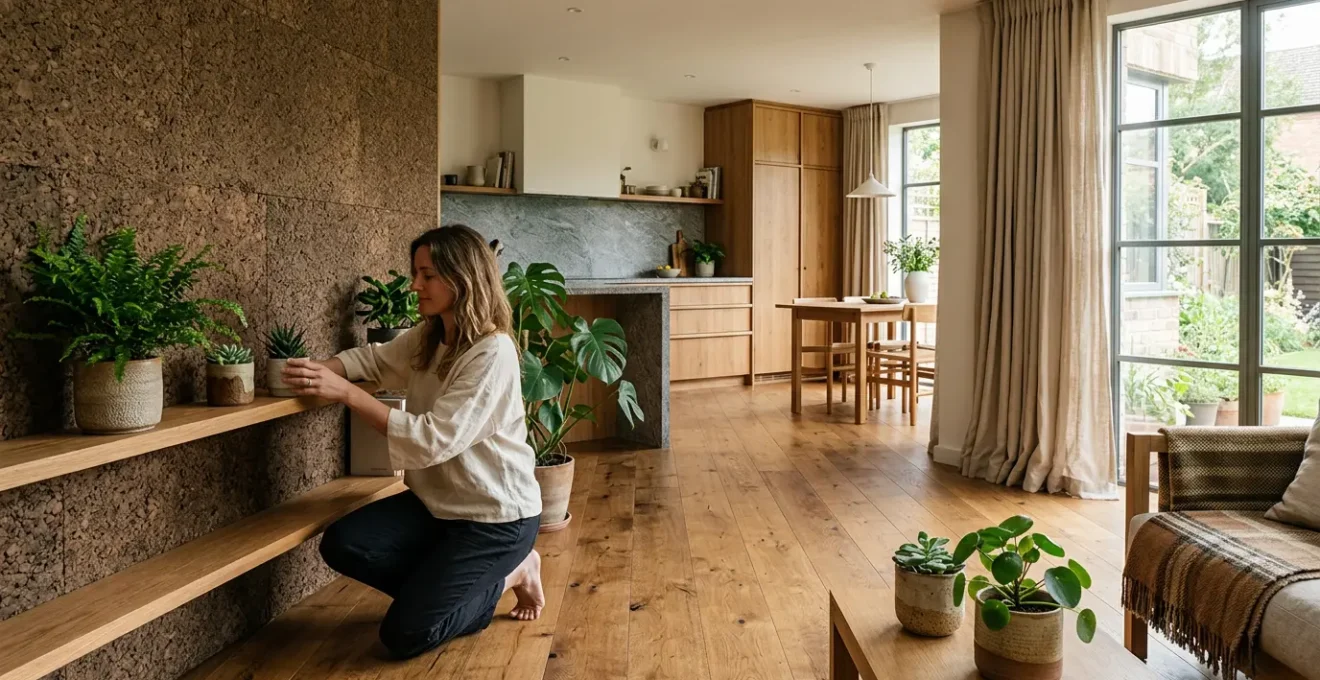 Espacio interior contemporáneo con materiales naturales sostenibles y luz natural cálida