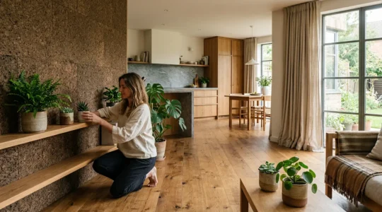 Espacio interior contemporáneo con materiales naturales sostenibles y luz natural cálida