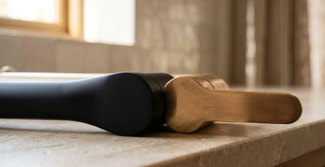 Detalle de grifería negra mate junto a latón cepillado sobre encimera minimalista en ambiente mediterráneo contemporáneo