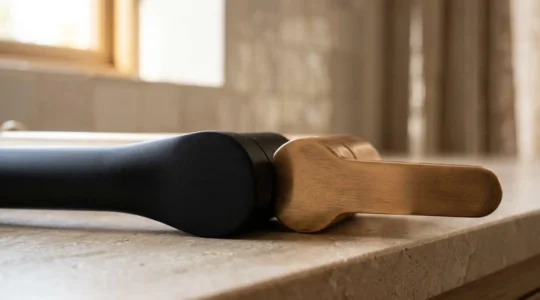 Detalle de grifería negra mate junto a latón cepillado sobre encimera minimalista en ambiente mediterráneo contemporáneo