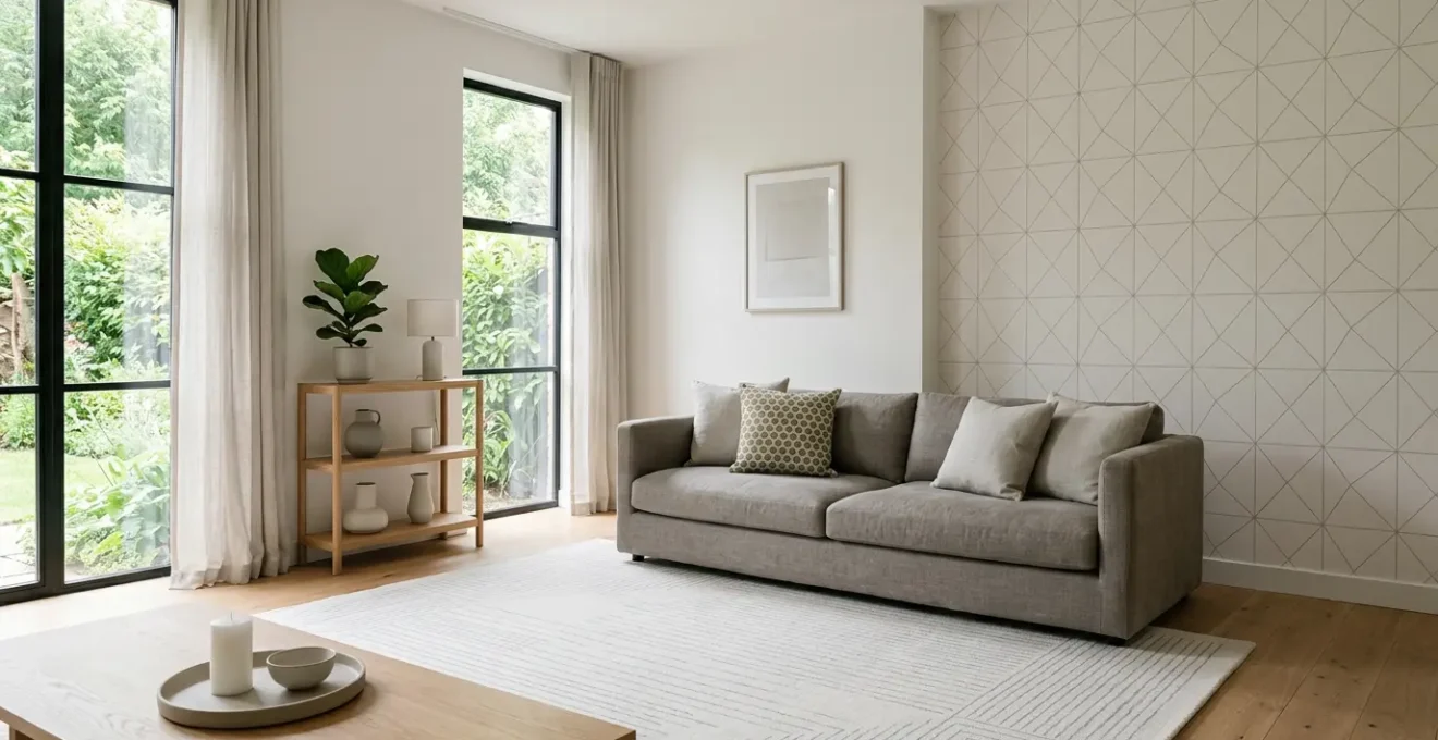 Espacio minimalista con patrones geométricos sutiles que añaden dinamismo sin saturar visualmente