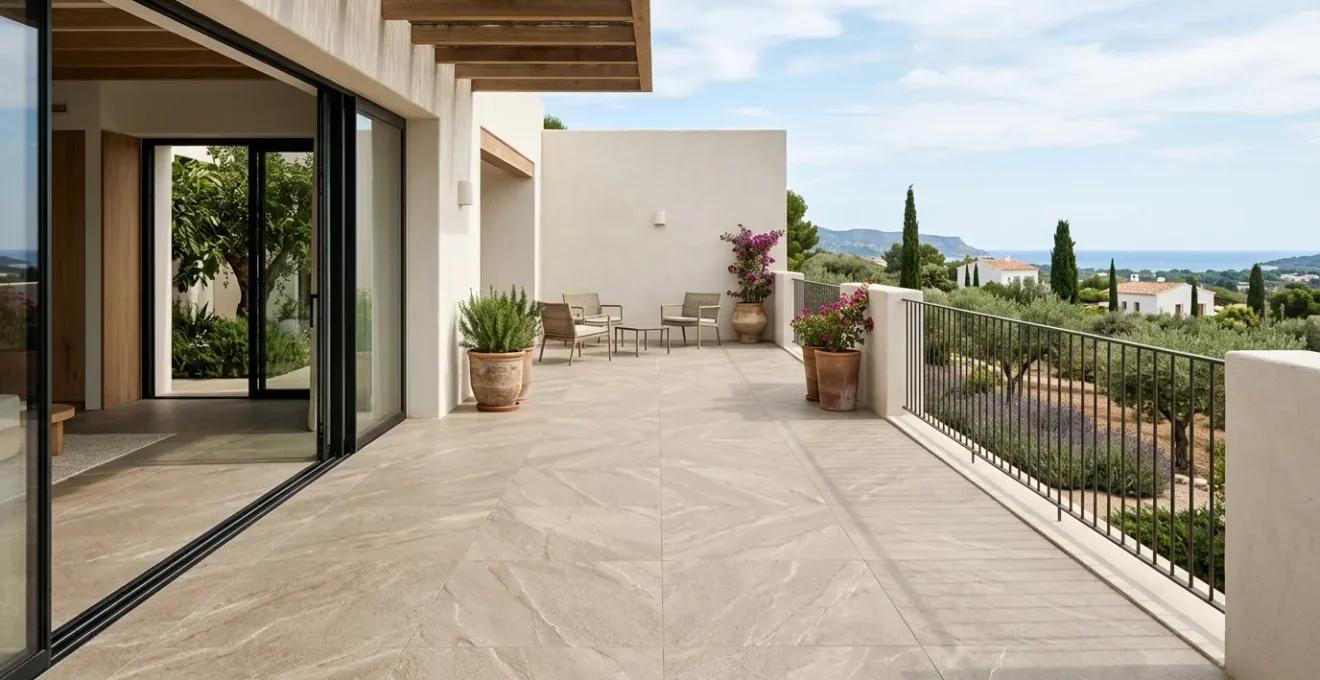 Terraza moderna con gres porcelánico de 20 mm resistente a heladas y clima extremo