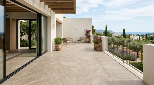 Terraza moderna con gres porcelánico de 20 mm resistente a heladas y clima extremo