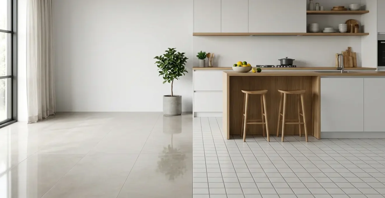 Comparación visual entre superficie lisa de porcelánico de gran formato y superficie tradicional con juntas, mostrando diferencia en acumulación de suciedad