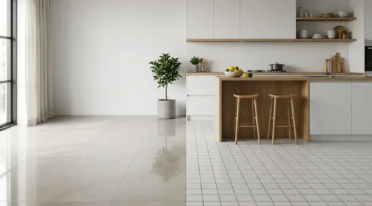 Comparación visual entre superficie lisa de porcelánico de gran formato y superficie tradicional con juntas, mostrando diferencia en acumulación de suciedad
