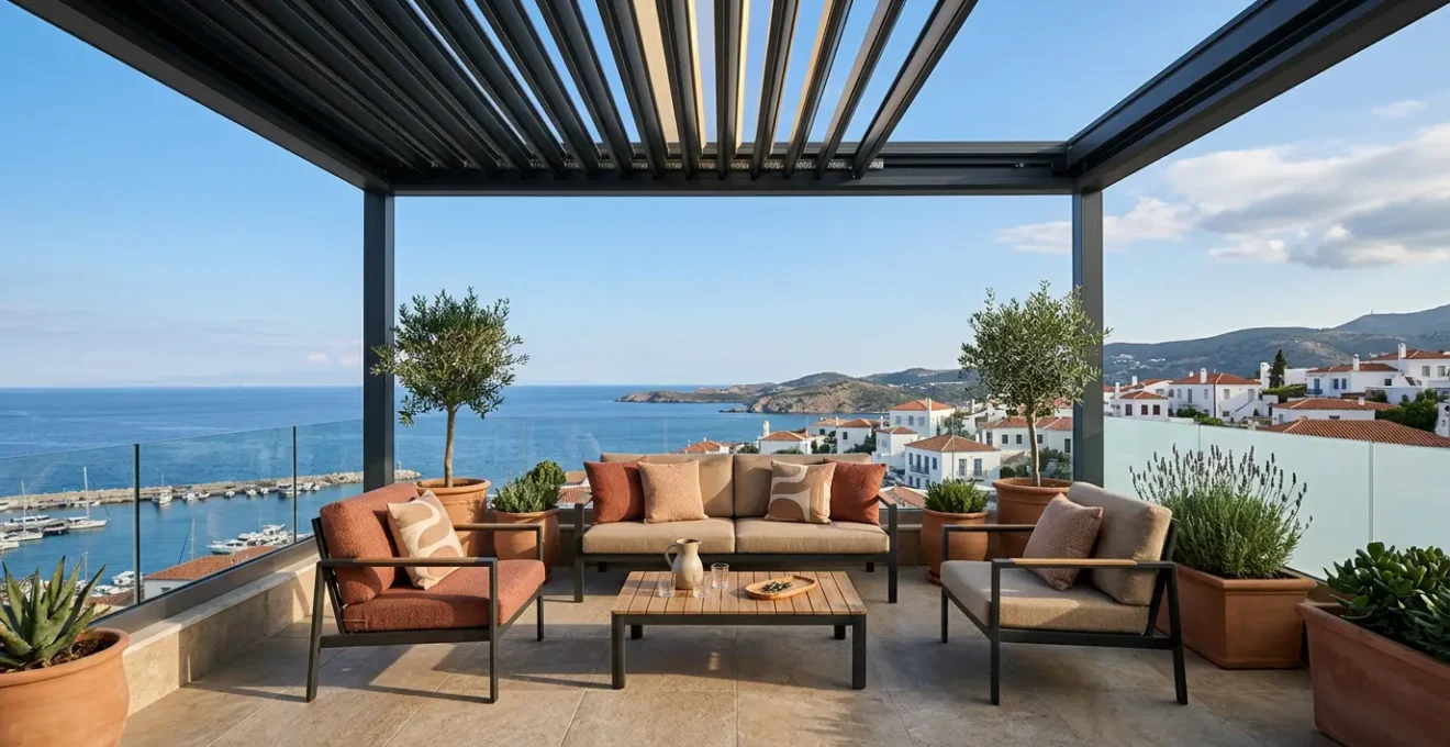 Terraza mediterránea moderna convertida en espacio habitable con pérgola bioclimática y mobiliario de diseño