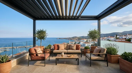 Terraza mediterránea moderna convertida en espacio habitable con pérgola bioclimática y mobiliario de diseño