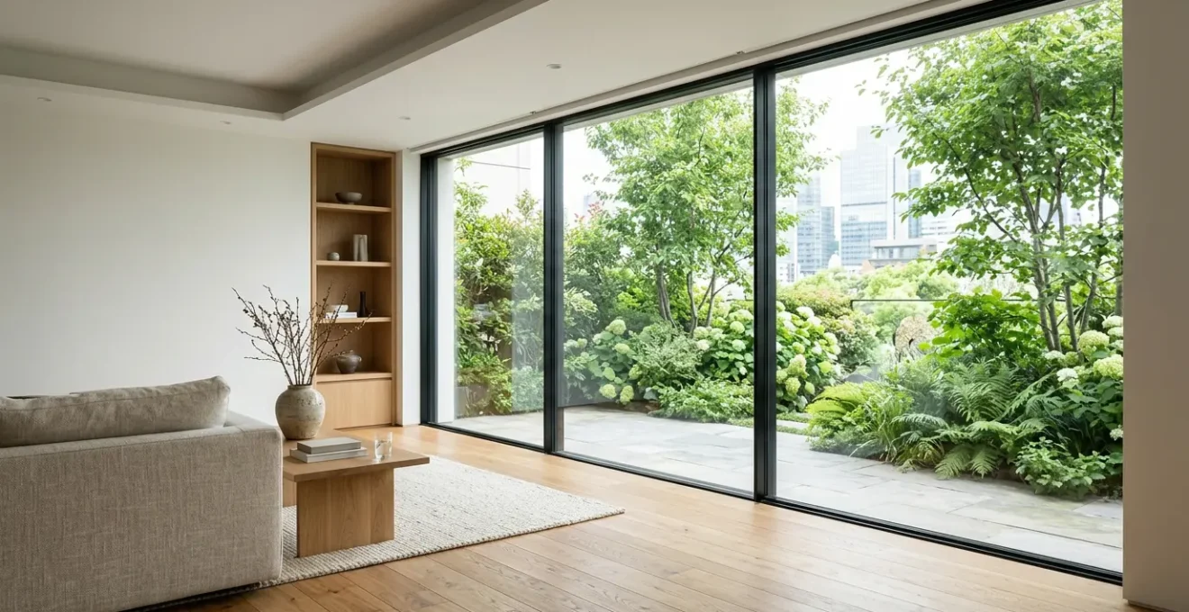 Amplio ventanal de triple vidrio en salón contemporáneo con luz natural y diseño minimalista