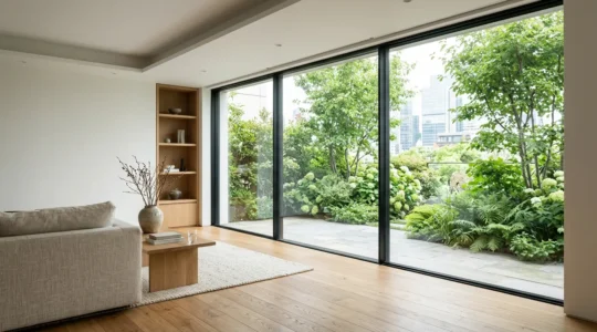 Amplio ventanal de triple vidrio en salón contemporáneo con luz natural y diseño minimalista
