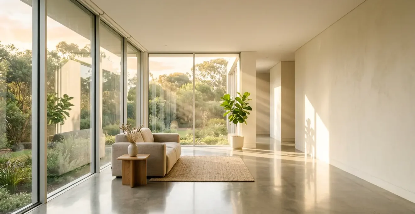 Salón moderno con gran ventanal sur iluminado por luz natural abundante reduciendo consumo eléctrico