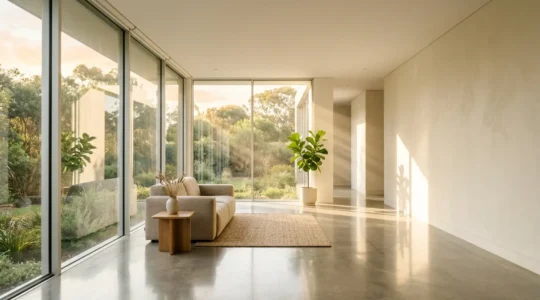Salón moderno con gran ventanal sur iluminado por luz natural abundante reduciendo consumo eléctrico