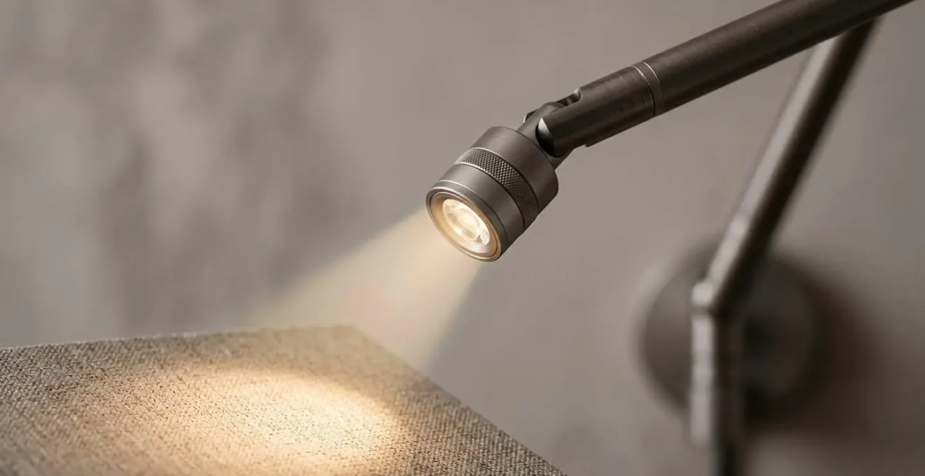 Detalle macro del ángulo de haz de luz focalizado de un aplique de lectura LED