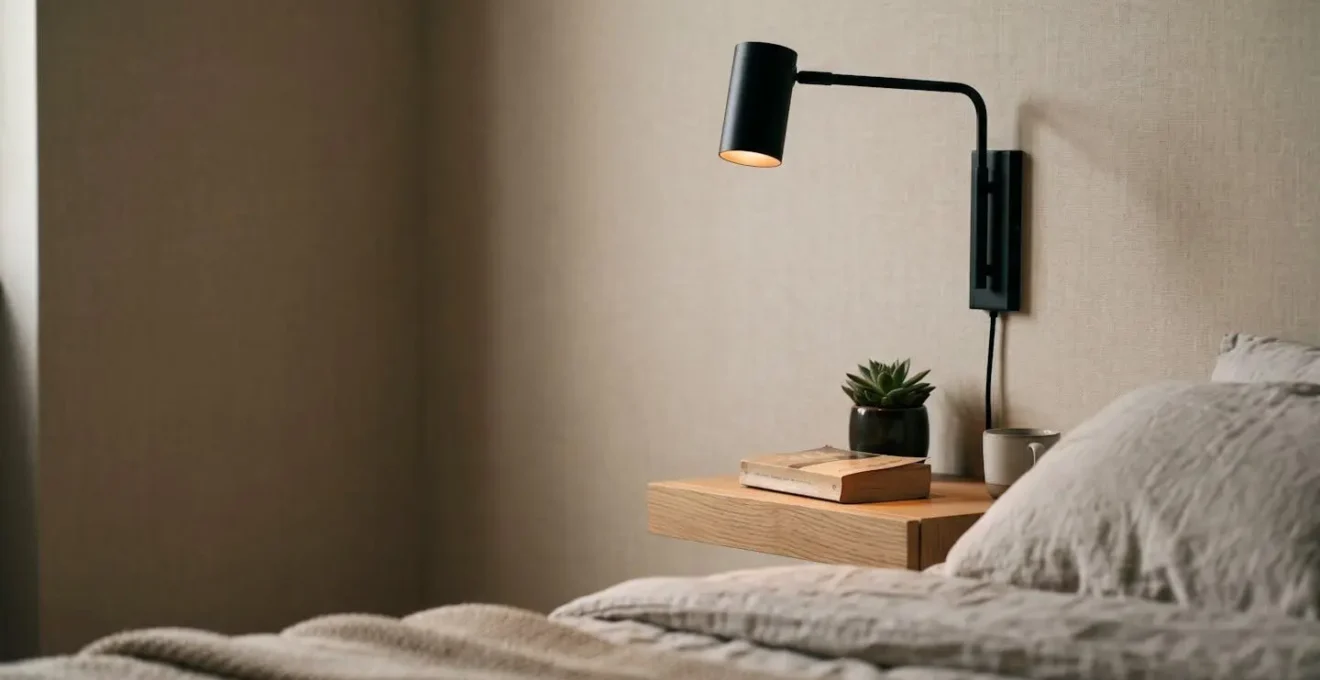 Aplique de pared con brazo articulado en dormitorio minimalista liberando superficie de mesilla pequeña